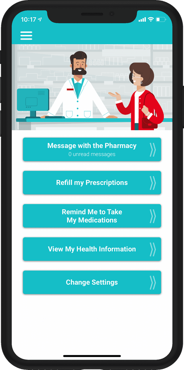 Phone with the display showing the mobile app called RxLocal that users can download to connect with the pharmacy