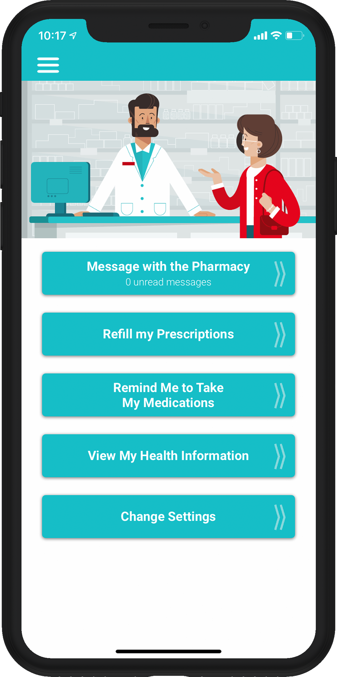 Phone with the display showing the mobile app called RxLocal that users can download to connect with the pharmacy